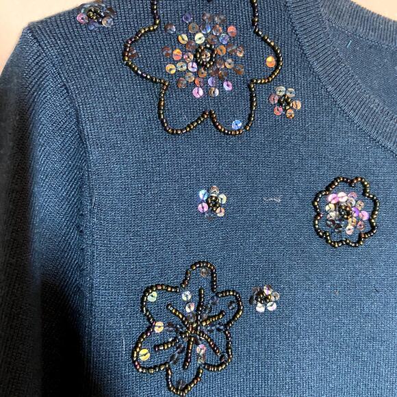 Pendleton Cardigan Silk Cashmere Blend Sequin Floral Embellished Teal Medium - Picture 2 of 4